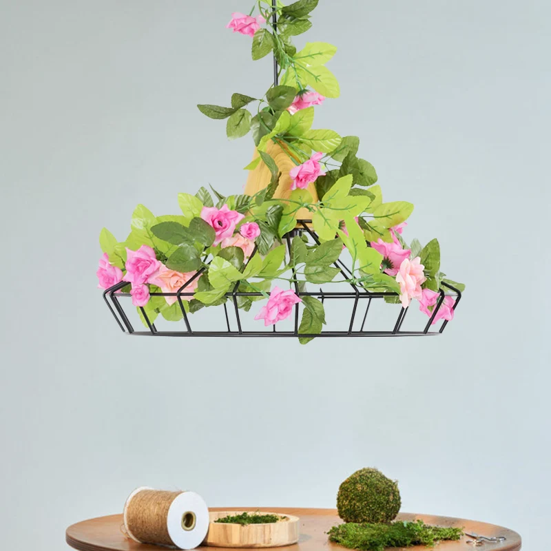 1 kop diamanten kooi hanger industriële zwarte ijzeren plant hangende lamp met houten blad Clearhalo