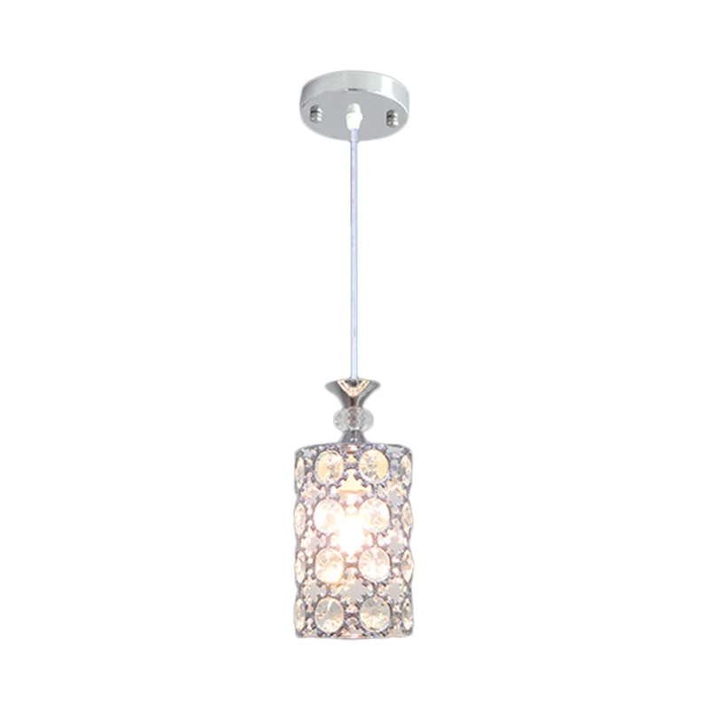 1 kop eetkamer hangende verlichting moderne zilveren slingerlamp met cilindervormige kristallen ingelegde kap Clearhalo