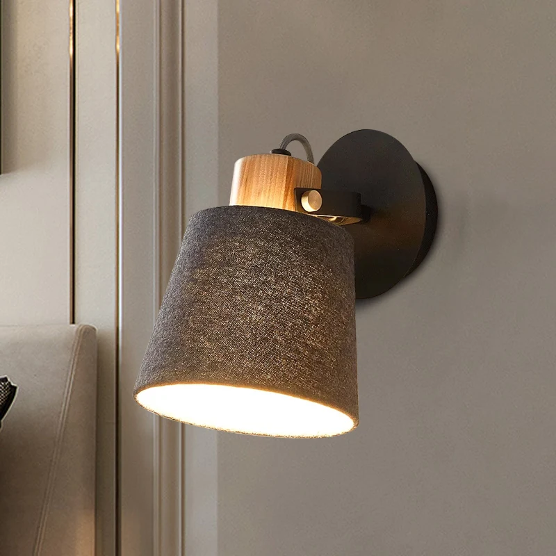 1 kop houten wandverlichting modernisme zwarte wandlamp met ton stoffen kap Clearhalo