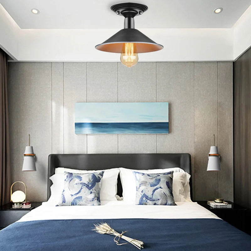 1 kop metalen plafondlamp armatuur boerderijstijl zwarte conische schaduw balkon semi-inbouwverlichting Clearhalo