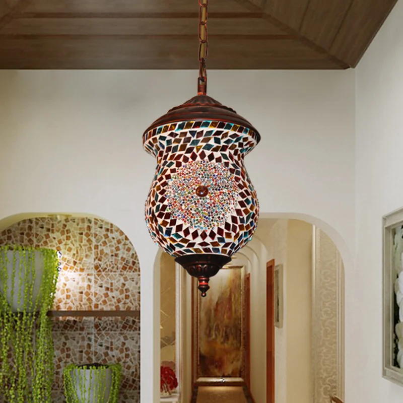 1 kop urn hanglamp traditioneel koper gebrandschilderd kunstglas hangend lichtarmatuur voor foyer Clearhalo