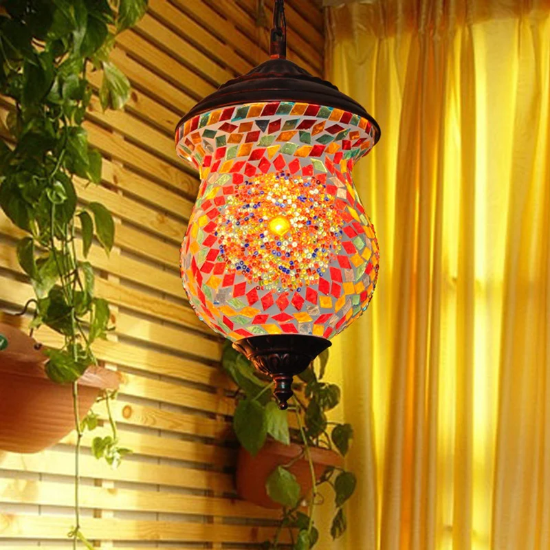 1 kop urn hanglamp traditioneel koper gebrandschilderd kunstglas hangend lichtarmatuur voor foyer Clearhalo