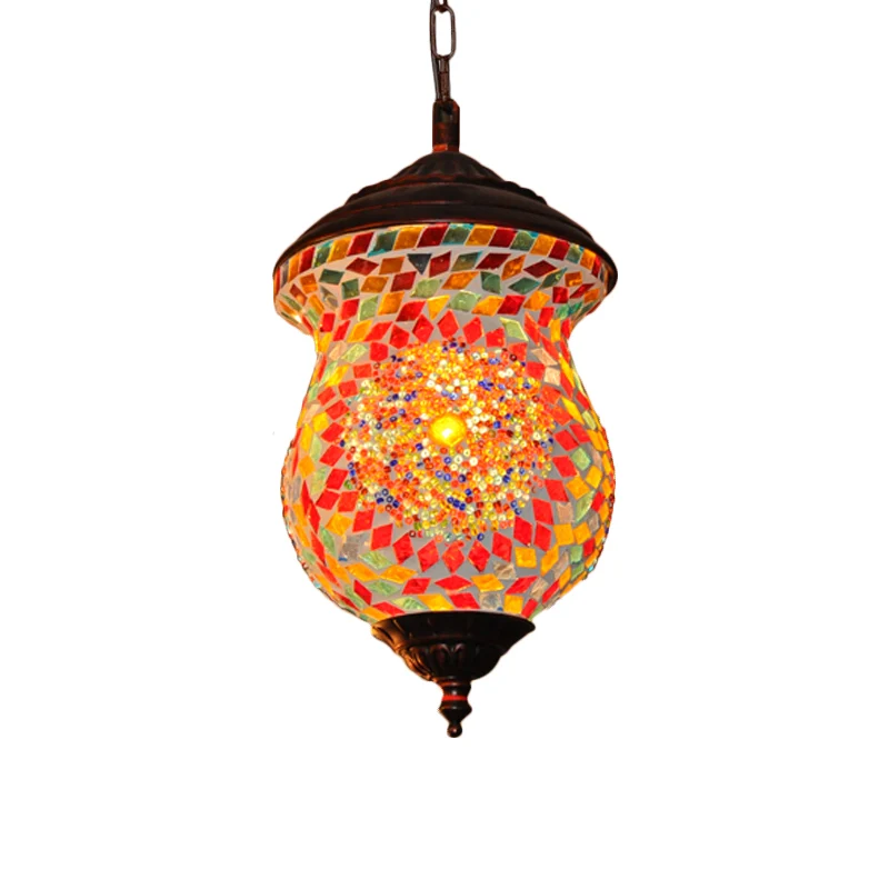 1 kop urn hanglamp traditioneel koper gebrandschilderd kunstglas hangend lichtarmatuur voor foyer Clearhalo