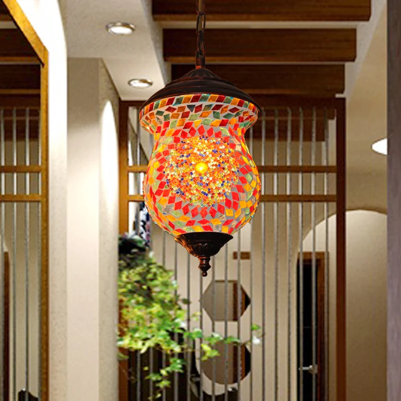 1 kop urn hanglamp traditioneel koper gebrandschilderd kunstglas hangend lichtarmatuur voor foyer Clearhalo