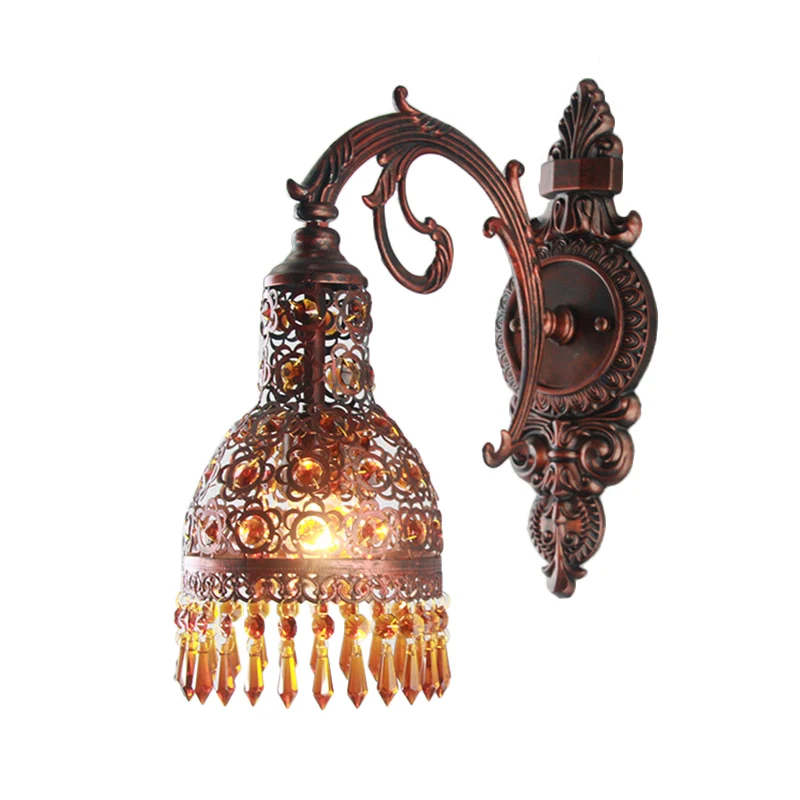 Koperen 1-lichts wandlamp Boheemse metalen koepel wandgemonteerde lichtarmatuur met kristallen accent voor woonkamer Clear...