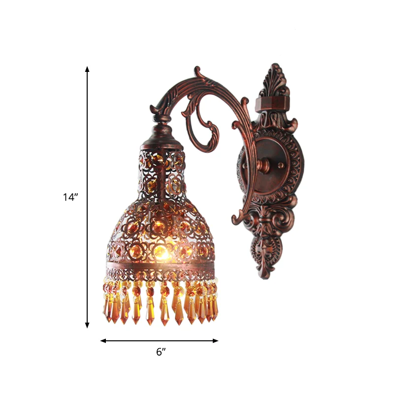 Koperen 1-lichts wandlamp Boheemse metalen koepel wandgemonteerde lichtarmatuur met kristallen accent voor woonkamer Clear...