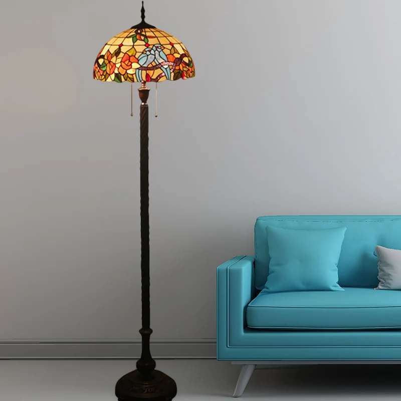 Koperen staande lamp met 2 lampen, Victoriaans geslepen glas, bloem- en vogelvloerleeslamp met komschaduw Clearhalo