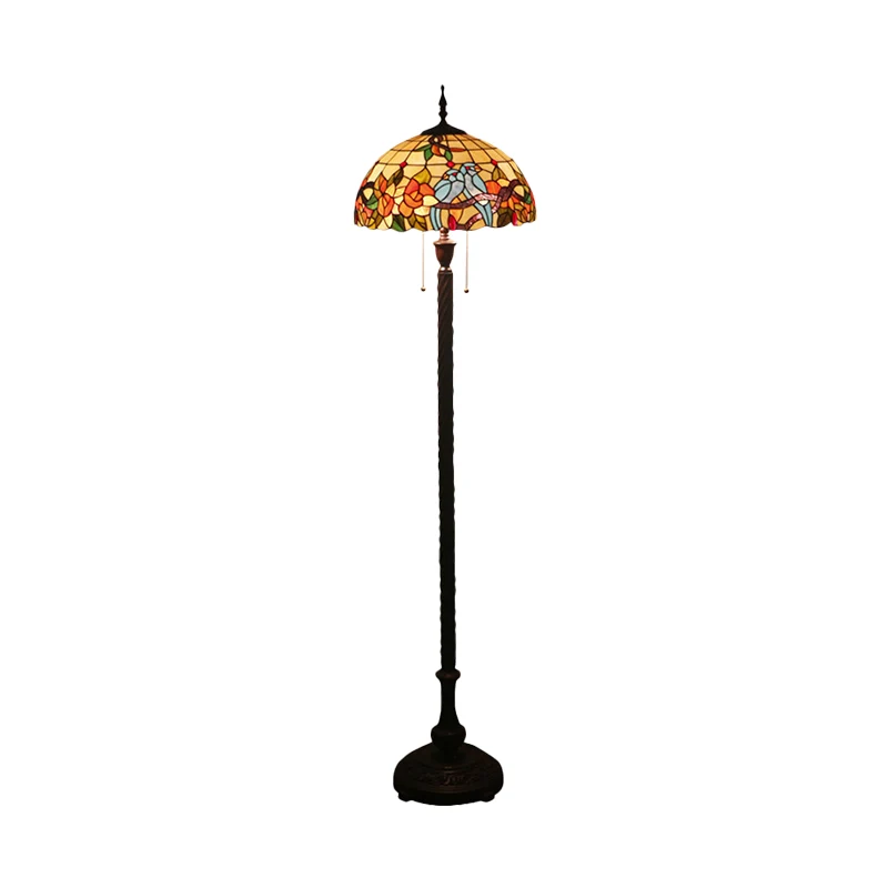 Koperen staande lamp met 2 lampen, Victoriaans geslepen glas, bloem- en vogelvloerleeslamp met komschaduw Clearhalo