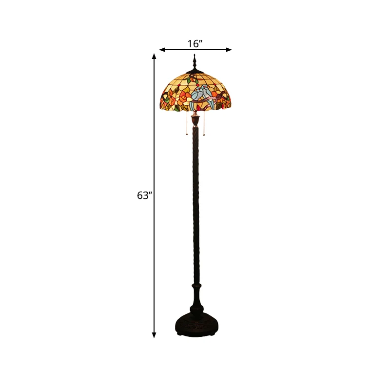 Koperen staande lamp met 2 lampen, Victoriaans geslepen glas, bloem- en vogelvloerleeslamp met komschaduw Clearhalo
