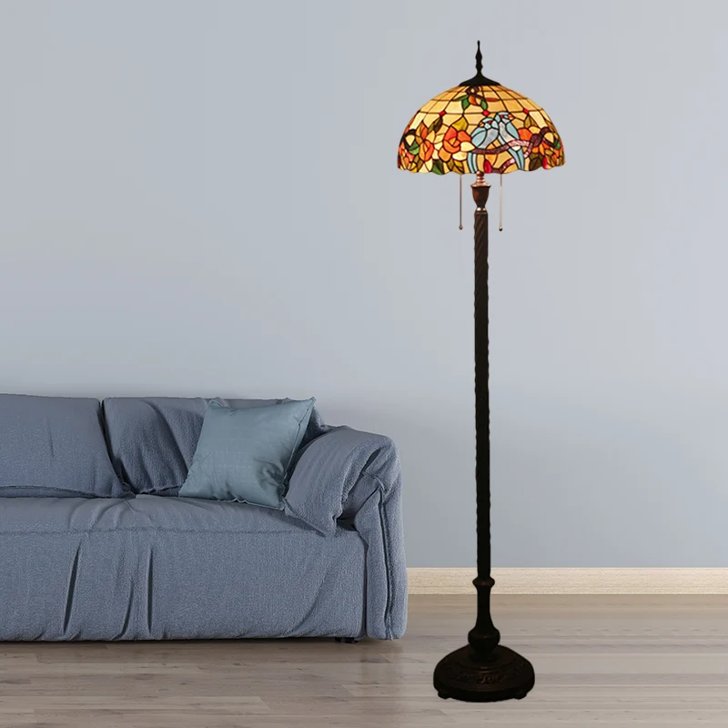 Koperen staande lamp met 2 lampen, Victoriaans geslepen glas, bloem- en vogelvloerleeslamp met komschaduw Clearhalo