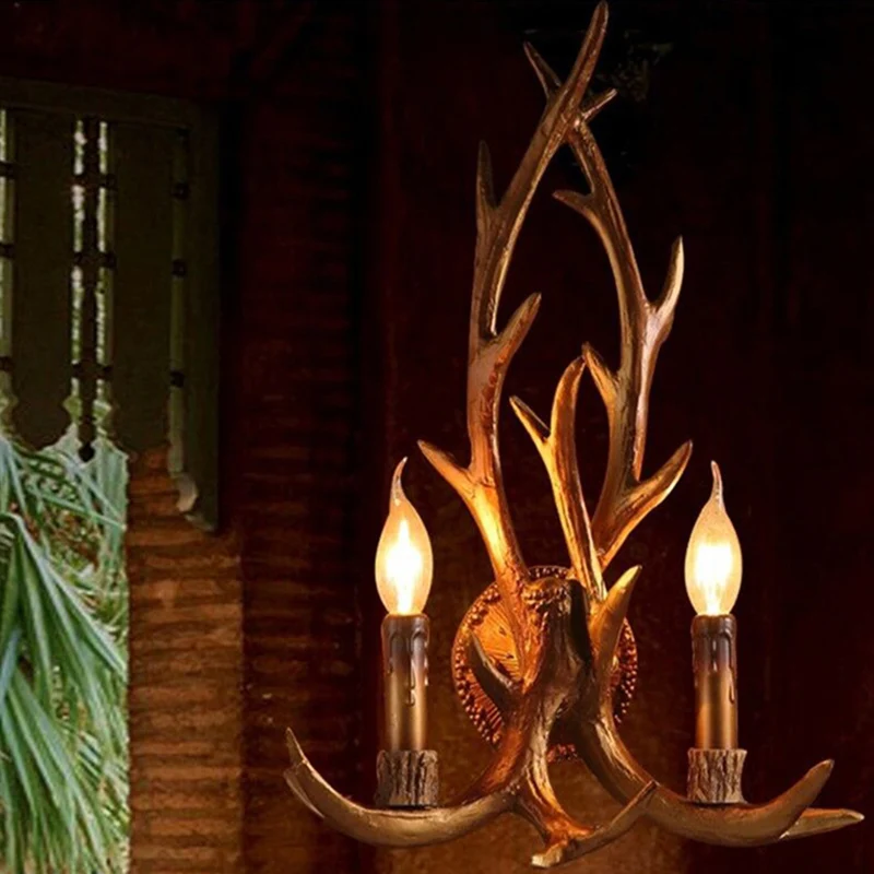 2 koppen hars wandlamp klassiek bruin hertenhoorn restaurant wandverlichting met kaarsdecor Clearhalo