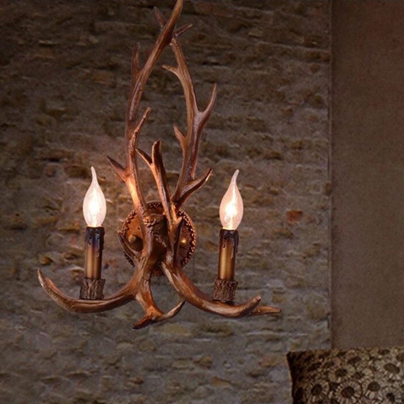 2 koppen hars wandlamp klassiek bruin hertenhoorn restaurant wandverlichting met kaarsdecor Clearhalo