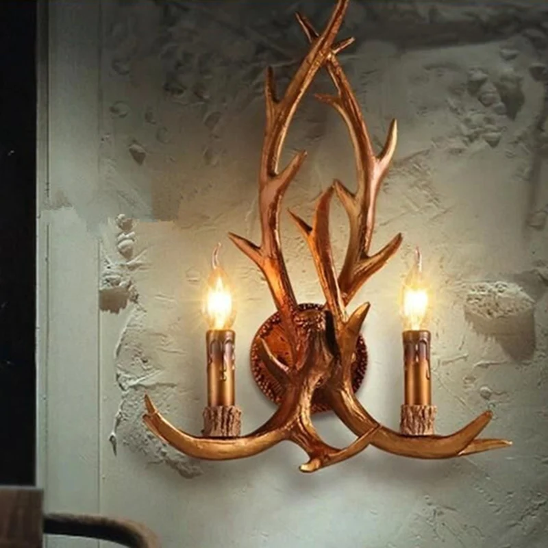 2 koppen hars wandlamp klassiek bruin hertenhoorn restaurant wandverlichting met kaarsdecor Clearhalo