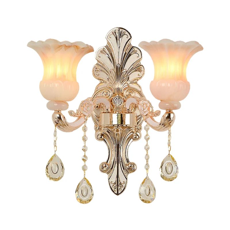 Kristal champagne wandverlichting idee bloemenkap 1/2-kops klassieke wandgemonteerde lamparmatuur Clearhalo
