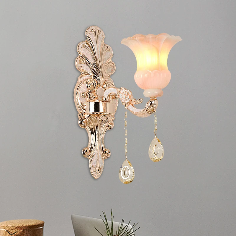 Kristal champagne wandverlichting idee bloemenkap 1/2-kops klassieke wandgemonteerde lamparmatuur Clearhalo