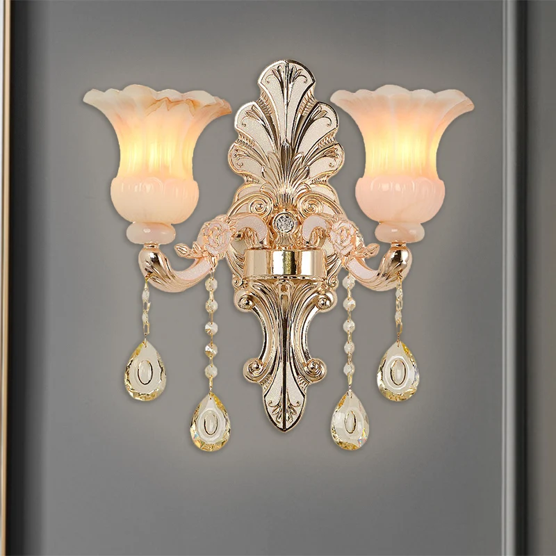 Kristal champagne wandverlichting idee bloemenkap 1/2-kops klassieke wandgemonteerde lamparmatuur Clearhalo