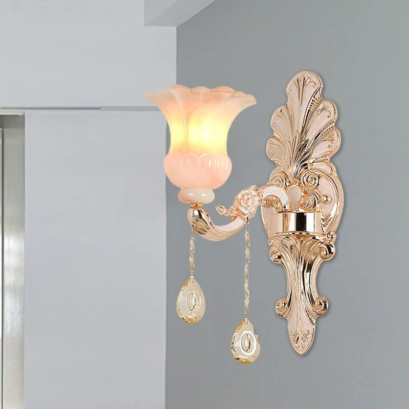 Kristal champagne wandverlichting idee bloemenkap 1/2-kops klassieke wandgemonteerde lamparmatuur Clearhalo