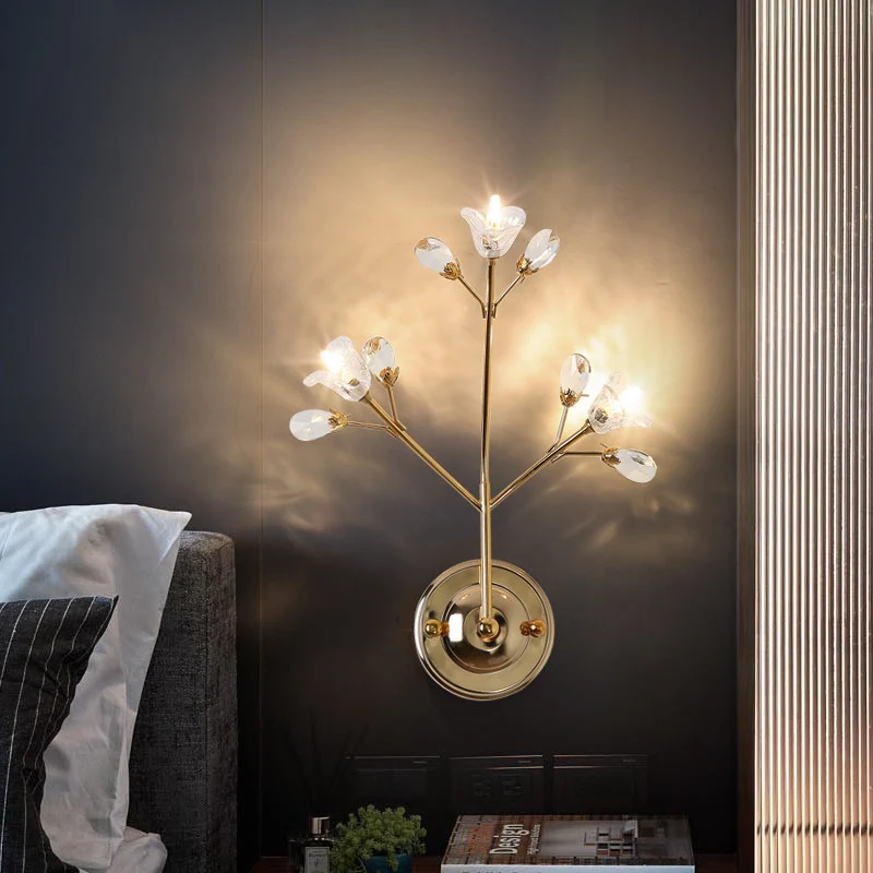 Kristallen bloem en blad wandlamp, eenvoudige stijl, 3 lampen, gouden wandkandelaar Clearhalo