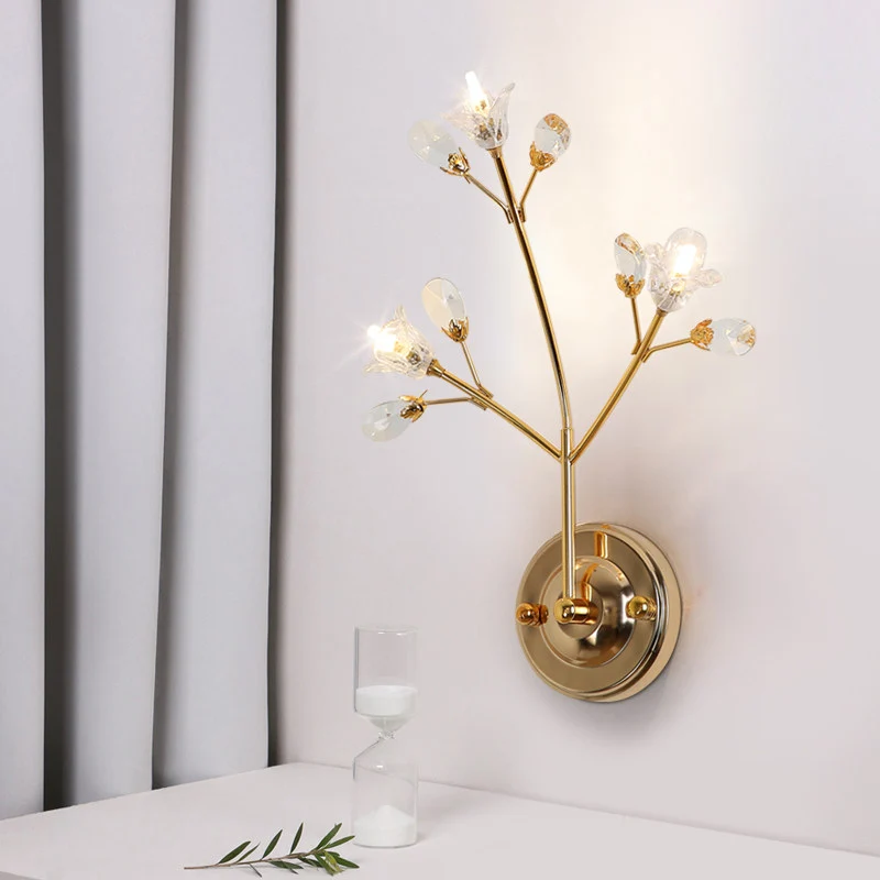 Kristallen bloem en blad wandlamp, eenvoudige stijl, 3 lampen, gouden wandkandelaar Clearhalo