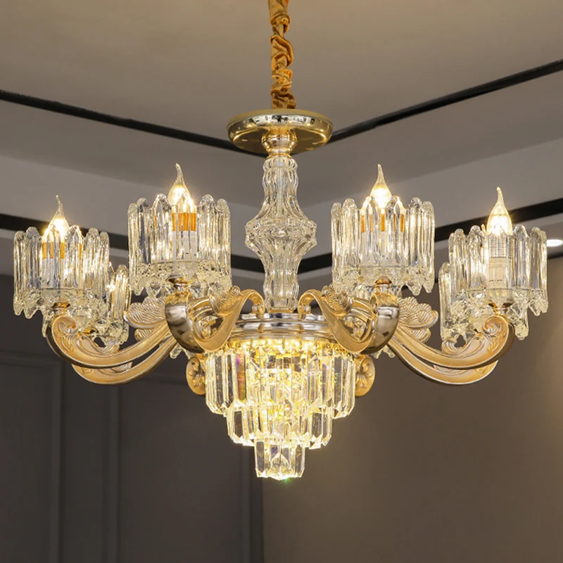 Kristallen blok ronde hangende kroonluchter modernistische 6/8 lichten woonkamer plafond hanglamp goud Clearhalo