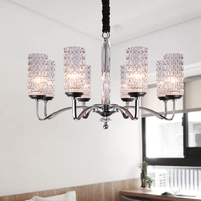Kristallen chroom-hanglampset met kuiltjes, cilinder, 8 koppen, plafondkroonluchter eenvoudige stijl Clearhalo