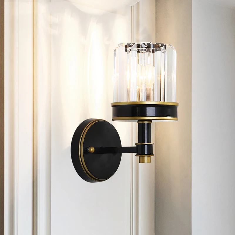 Kristallen cilinderwandlamp Modern 1-lichts inbouwwandkandelaar zwart voor hal Clearhalo