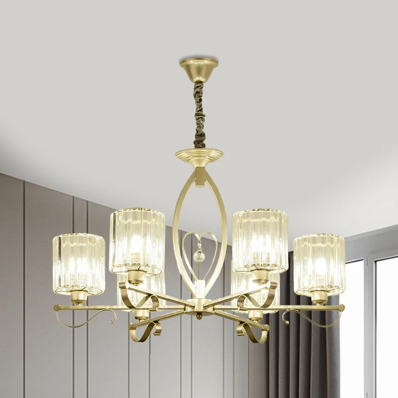 Kristallen cilindrische hanglamp, traditionele 3/6 koppen zitkamer kroonluchter hanglamp goud Clearhalo