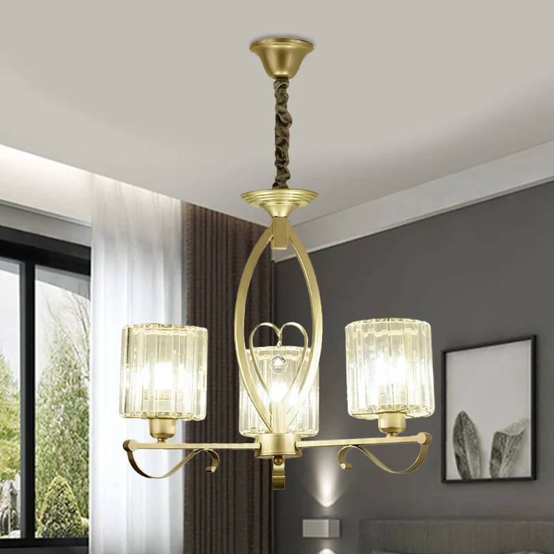 Kristallen cilindrische hanglamp, traditionele 3/6 koppen zitkamer kroonluchter hanglamp goud Clearhalo