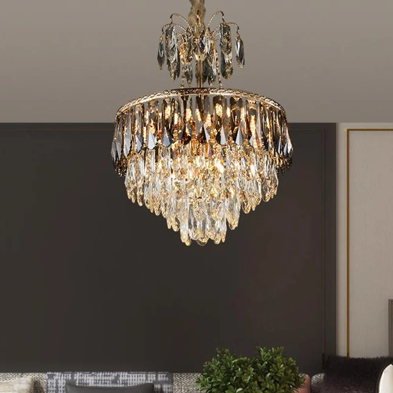 Kristallen gelaagde kroonluchterverlichting Hedendaags 8-kops gouden plafondhanglamp voor woonkamer Clearhalo