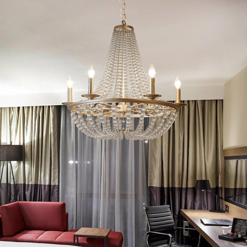 Kristallen kralen hangende kroonluchter Traditionele 6-lichts slaapkamer plafondhanger goud Clearhalo