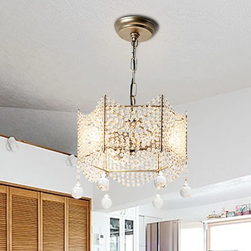 Kristallen kroonluchter met kralen, traditionele 4/6 lampen, eetkamer, hangende verlichtingsarmatuur messing Clearhalo