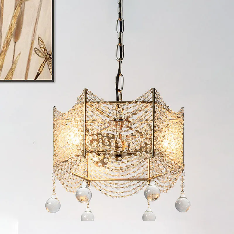 Kristallen kroonluchter met kralen, traditionele 4/6 lampen, eetkamer, hangende verlichtingsarmatuur messing Clearhalo