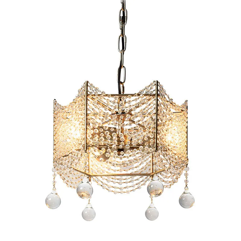 Kristallen kroonluchter met kralen, traditionele 4/6 lampen, eetkamer, hangende verlichtingsarmatuur messing Clearhalo