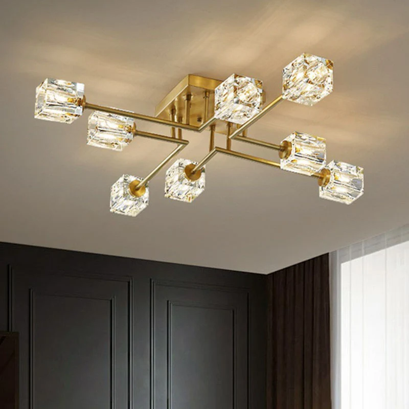 Kristallen kubus dicht bij plafondlamp Postmodern goudkleurig semi-inbouwarmatuur Clearhalo