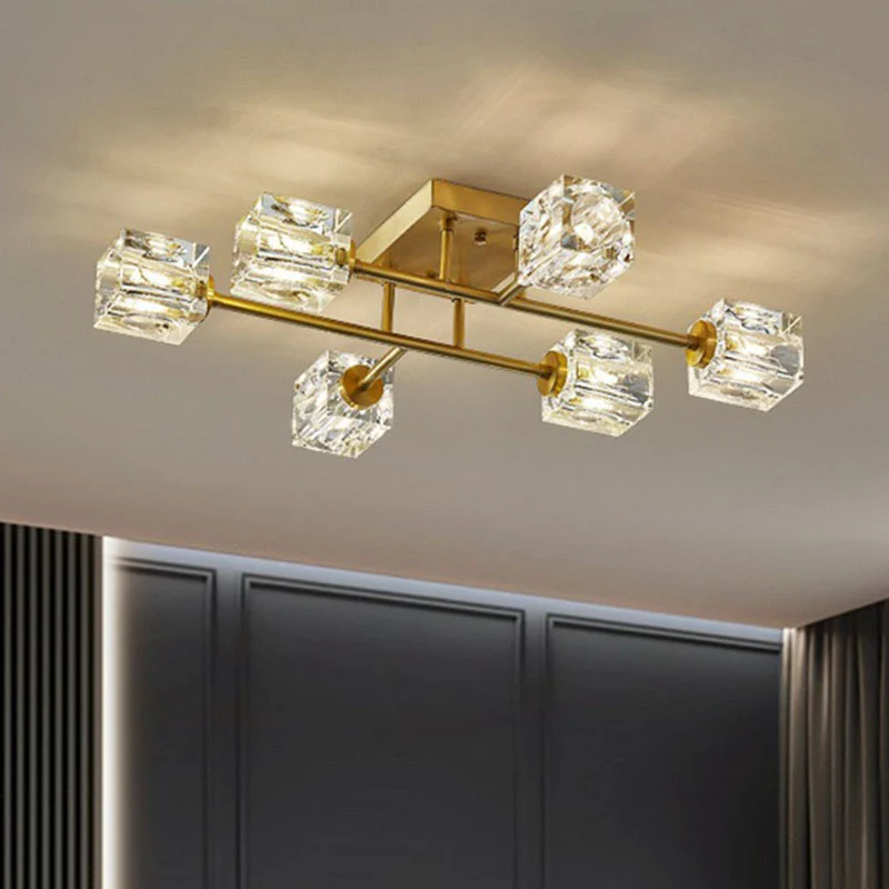 Kristallen kubus dicht bij plafondlamp Postmodern goudkleurig semi-inbouwarmatuur Clearhalo