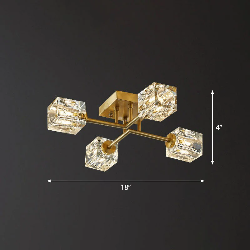 Kristallen kubus dicht bij plafondlamp Postmodern goudkleurig semi-inbouwarmatuur Clearhalo
