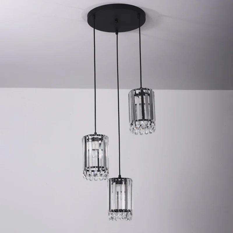 Kristallen prisma's cilinder naar beneden verlichting minimalistische 3 koppen 18"/27" brede zwarte multi-hanglamp Clearhalo