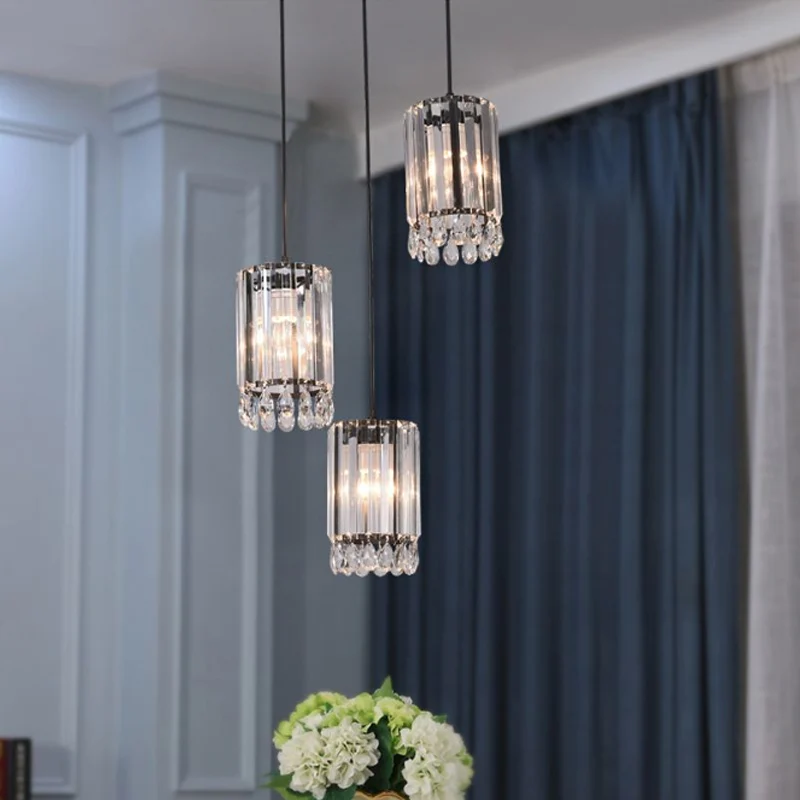 Kristallen prisma's cilinder naar beneden verlichting minimalistische 3 koppen 18"/27" brede zwarte multi-hanglamp Clearhalo