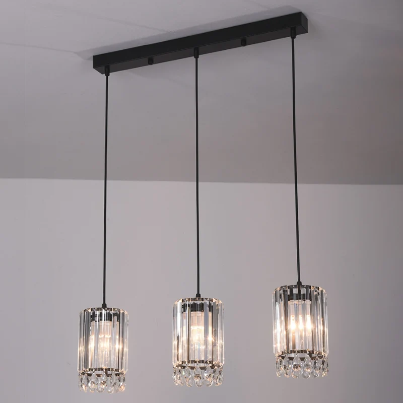 Kristallen prisma's cilinder naar beneden verlichting minimalistische 3 koppen 18"/27" brede zwarte multi-hanglamp Clearhalo