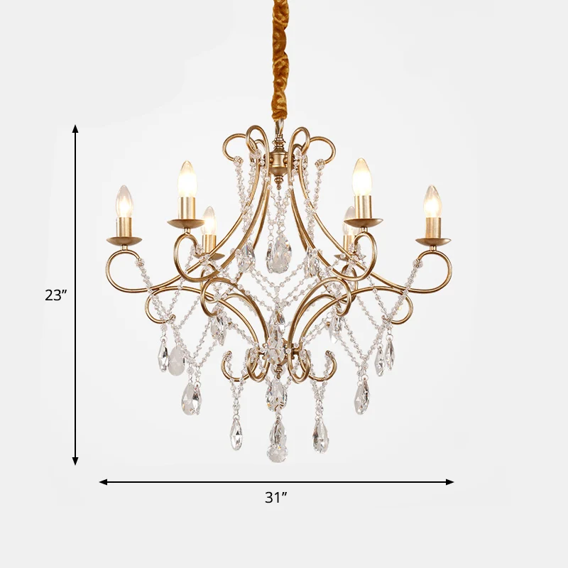 Kristallen standaards Gouden ophangverlichting Regendruppel 6 koppen Traditionele kroonluchterlamp Clearhalo