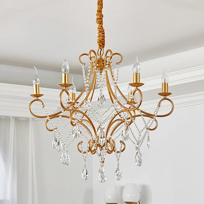 Kristallen standaards Gouden ophangverlichting Regendruppel 6 koppen Traditionele kroonluchterlamp Clearhalo