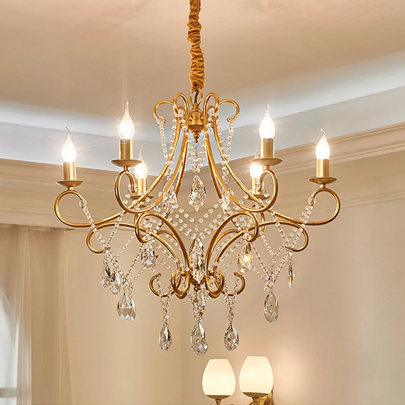 Kristallen standaards Gouden ophangverlichting Regendruppel 6 koppen Traditionele kroonluchterlamp Clearhalo