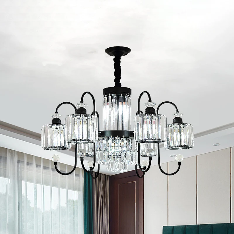 Kristalzwarte kroonluchterverlichting Cilindrische 5/8 koppen Modernistische hanglamp met zwanenhalsarm Clearhalo