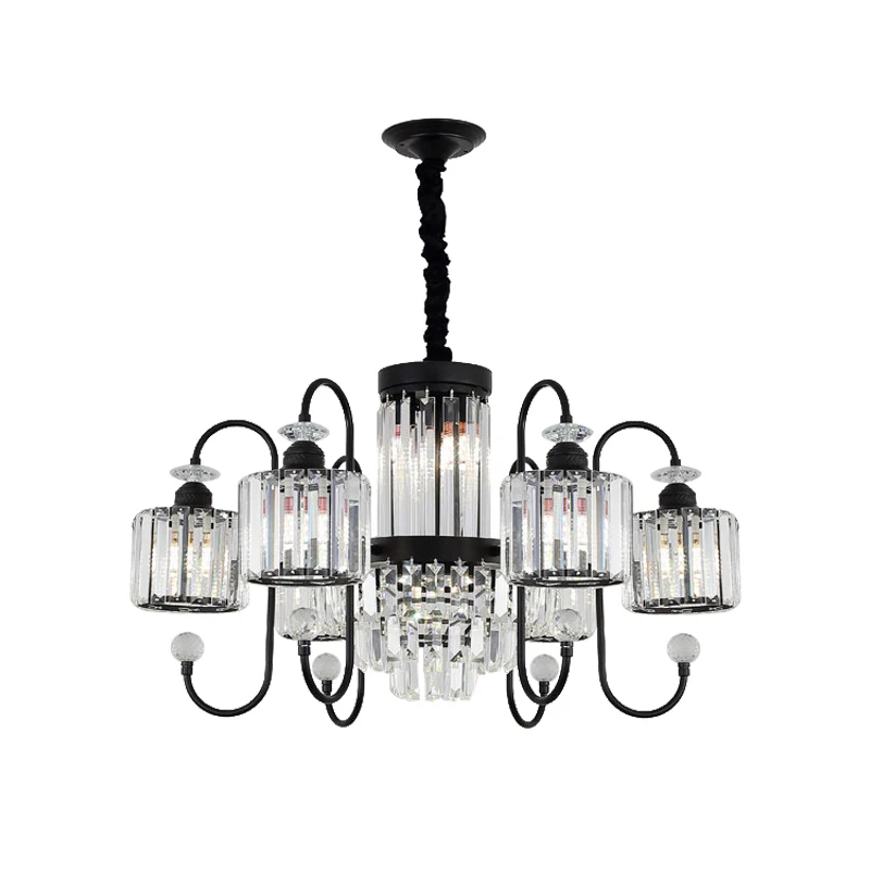 Kristalzwarte kroonluchterverlichting Cilindrische 5/8 koppen Modernistische hanglamp met zwanenhalsarm Clearhalo