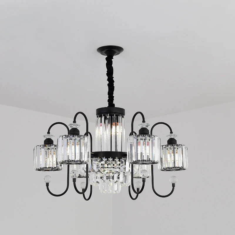 Kristalzwarte kroonluchterverlichting Cilindrische 5/8 koppen Modernistische hanglamp met zwanenhalsarm Clearhalo