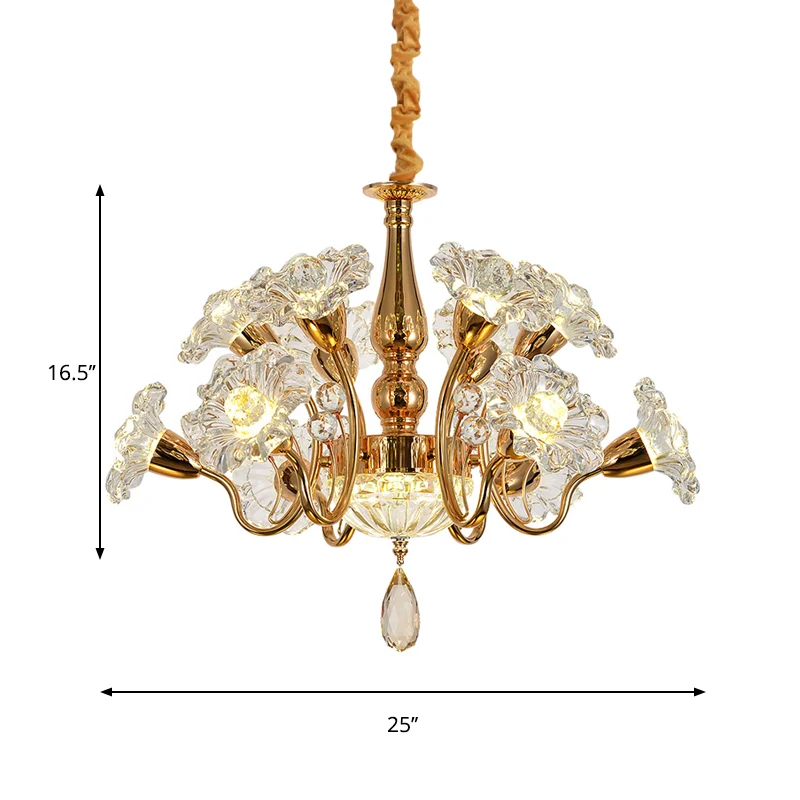 Kroonluchter met 12 lampen, traditionele goudkleurige, heldere 2-laags kristallen bloemkap-plafondlamp Clearhalo