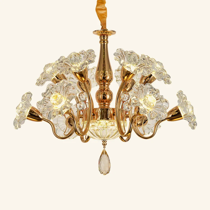 Kroonluchter met 12 lampen, traditionele goudkleurige, heldere 2-laags kristallen bloemkap-plafondlamp Clearhalo