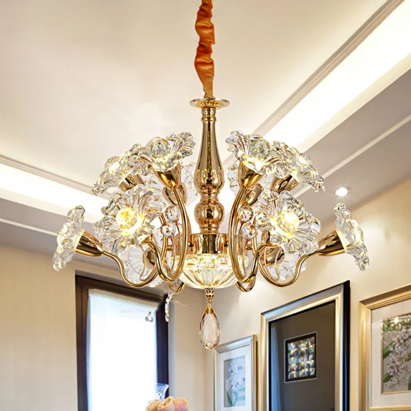 Kroonluchter met 12 lampen, traditionele goudkleurige, heldere 2-laags kristallen bloemkap-plafondlamp Clearhalo