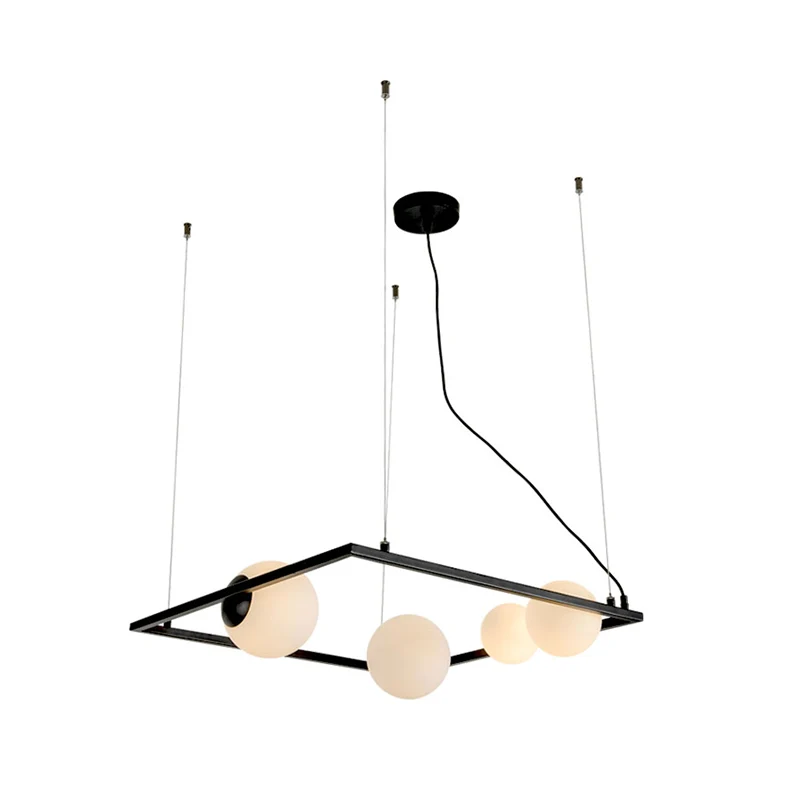 Kroonluchterlamp met zwart frame, moderne metalen hanglamp met 4 koppen en opaalglazen kap Clearhalo