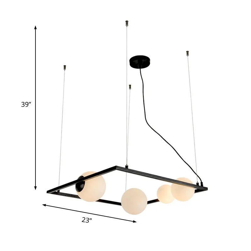 Kroonluchterlamp met zwart frame, moderne metalen hanglamp met 4 koppen en opaalglazen kap Clearhalo